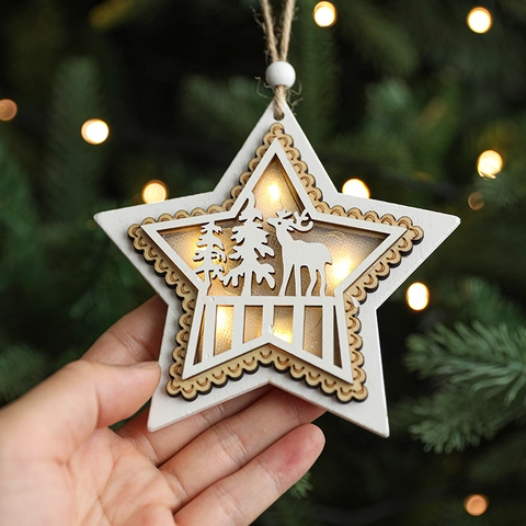 Christmas Wooden Hanging Ornaments With LED Light Star And Tree Shaped Hollow Deer Pattern Festive Holiday Home Decor