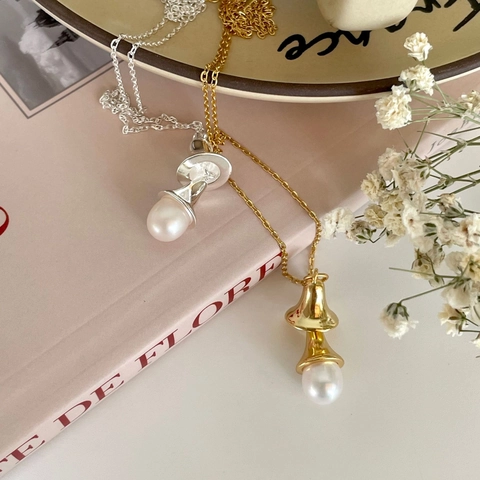 Collana In Argento Sterling 925 Retro Francese Con Ciondolo A Campana A Strati E Perla D'acqua Dolce Gioielli