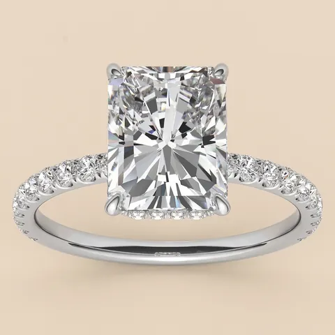 Anillo de Moissanita Corte Radiante de Lujo en Plata de Ley 925 Banda de Pavé Anillo de Compromiso para Mujer