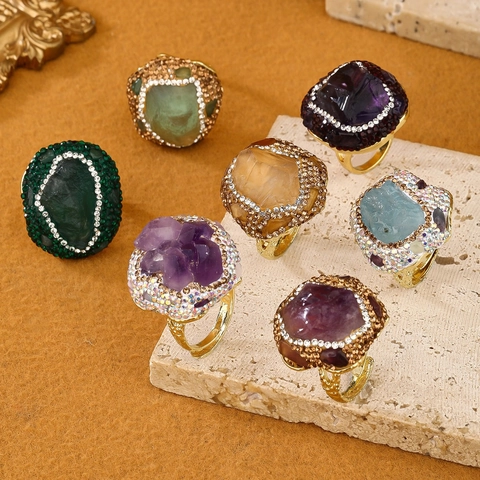 Natural Raw Stone Adjustable Open Ring Irregular Amethyst Druzy Aquamarine Rhinestone Pavé Bohemian Vintage Jewelry Women
