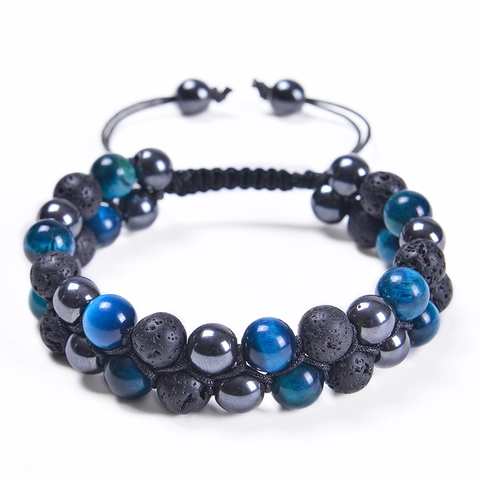 Double Layer Natural Stone Bracelet Braided Tiger Eye Lava Volcanic Hematite Beads Adjustable Handmade Jewelry Unisex