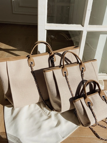 Large Capacity Canvas Tote Bag With PU Leather Trim And Metal Chain Shoulder Strap For Women Casual Travel Handbag