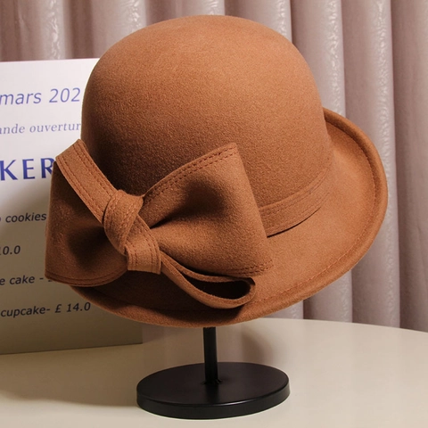 Chapeau Cloche Femme En Laine Élégant Style Français Vintage Chapeau Seau Hiver Avec Grand Nœud Mode Dame