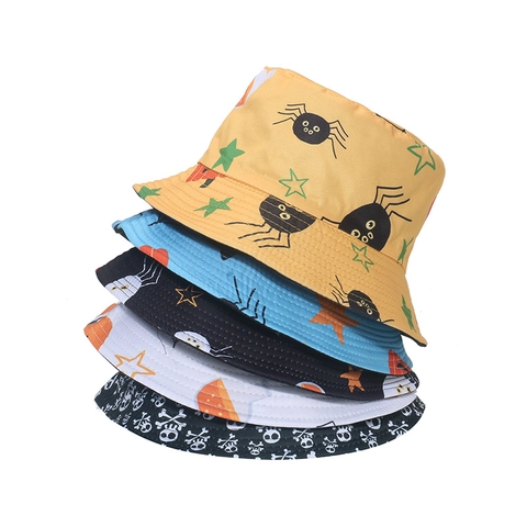 Halloween Bucket Hat Polyester Reversible Pumpkin Skull Spider Web Print Streetwear Sun Protection Hip Hop Hat