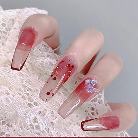 Unghie Finte A Pressione Lunghe Coffin Sfumatura Rossa Motivo Ciliegia Fiocco 3D Lucide Unghie Da Incollare Stile Dolce Per Donne