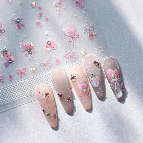 3D Relief Nail Stickers Strawberry Bow Heart Rhinestone Adhesive Holographic Nail Art Decals Sweet Girly DIY
