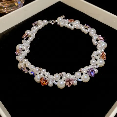 Heart Crystal Imitation Artificial Pearl Beaded Necklace Copper Rhinestone Clavicle Chain Elegant Sweet Vintage Jewelry Women