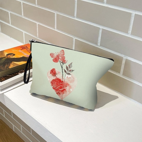 Borsa Per Cosmetici Stampa Fiori Rosa Farfalla Lino Fine Pochette Trucco Con Cerniera E Cinturino Da Polso Viaggio