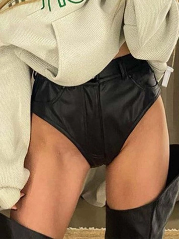 Damen High Waist PU Leder Shorts Slim Fit Sexy Clubwear Hot Pants Schwarz Chic Urban Style Streetwear Fashion Hosen