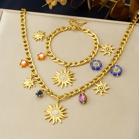 Collana Bracciale Acciaio Inossidabile Placcato Oro Ciondoli Sole Stella Fiore Perline Acriliche Strass Moda Vintage Donne
