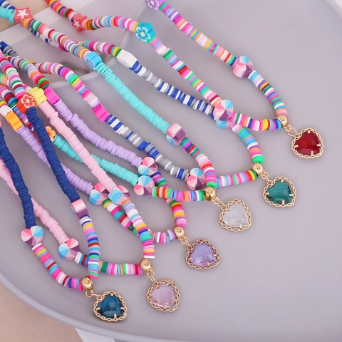 Collar De Cuentas Heishi De Arcilla Polimérica Colorida Bohemia Colgante De Corazón Vidrio Aleación Joyas Mujer