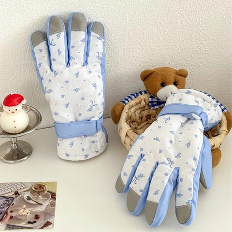 Guantes De Esquí De Invierno De Nailon Y Goma Térmicos Resistentes Al Viento Pantalla Táctil Ciclismo Exterior Estampado Floral Rosa Azul