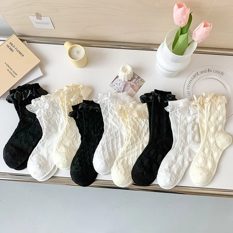 Lolita Ruches Sokken Voor Dames Meisjes Katoenmix Zoete Japanse JK Uniform Stijl Kant Strik Kuitlengte Getextureerd