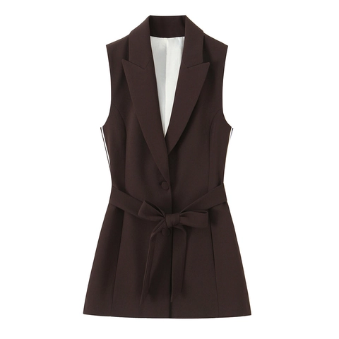 Women Chic Dark Brown Notched Lapel Sleeveless Vest And Side Stripe Straight Leg Long Pants Fashion Elegant Streetwear Outfit