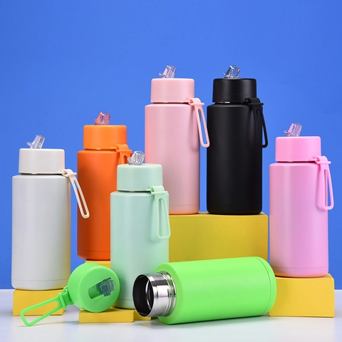 Botella De Agua Aislada De Acero Inoxidable Termo Con Tapa De Pajita Asa Portátil Para Deportes Aire Libre