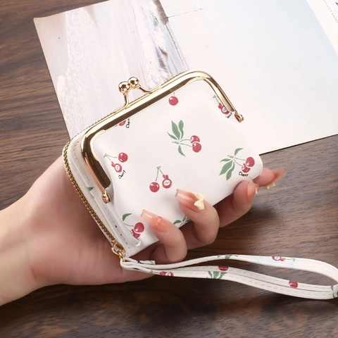 Women PU Leather Cherry Print Card Holder Coin Purse Accordion Style Multi Slots With Wristlet Kiss Lock Clasp