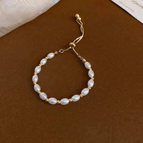 Artificial Pearl Beaded Bracelet Alloy Faux Rice Artificial Pearls Gold Beads Adjustable Drawstring Commuter Elegant Jewelry For Women