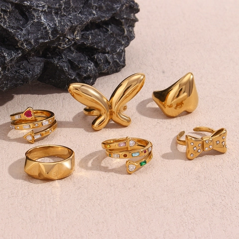 Anelli In Acciaio Inossidabile Per Donna Placcato Oro 18K Farfalla Cuore Geometrico Design Di Nicchia Intarsio Di Zircone Anello Aperto Regolabile