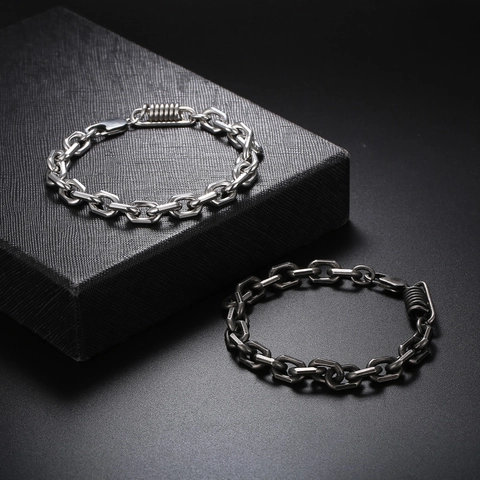 Industrial Stainless Steel Chain Bracelet With Spring Accent Punk Hip Hop Style Masculine Jewelry For Men