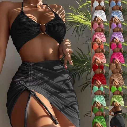 Damen Halter Bikini Oberteil Und Kordelzug Gerüschter Schlitzrock Gerippte Textur Sexy Urlaub Strandmode