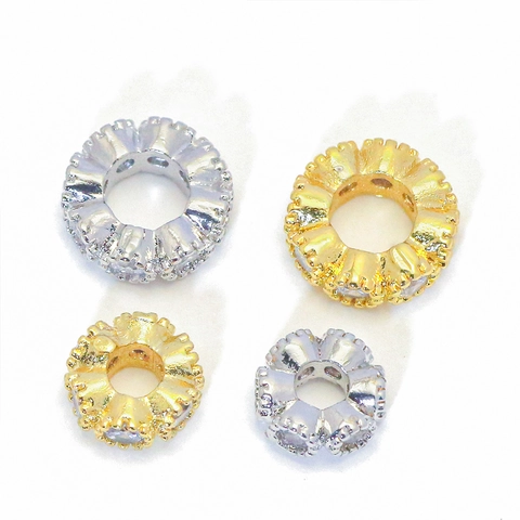 Perle Distanziatrici Rotonde In Rame Placcato Oro Con Zirconia Cubica Micro Pavé Forma Ingranaggio Per Creazione Gioielli