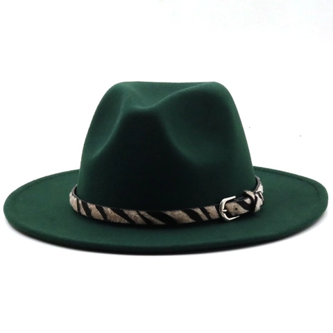 Fedora Hat Wide Flat Brim Wool Blend Felt Zebra Print Band Metal Buckle Elegant Vintage Style Unisex Accessory