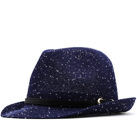 Pailletten Fedora Hut Gewebte Glitzer Jazz Kappe Mit Ledergürtel Metallschnalle Für Bühne Strand Party