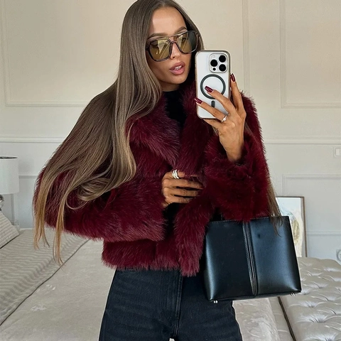 Dames Faux Fur Jas Elegant Wijnrood Revers Pluizige Korte Mantel Warm Lange Mouwen Polyester Mode