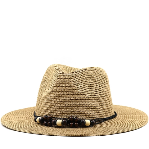 Strooien Fedora Hoed Met Brede Rand Zonbescherming Zomer Strand Panama Jazz Pet Met Houten Kralen Voor Heren Dames Kinderen