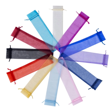 Organza Drawstring Bags Mesh Gift Pouches Long Strip Jewelry Packaging Fan Pen Storage Pouches Semi Transparent