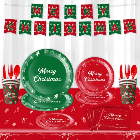 Christmas Disposable Tableware Set Red Green Striped Paper Plates Cups Napkins Banner Plastic Cutlery For Xmas Party Supplies