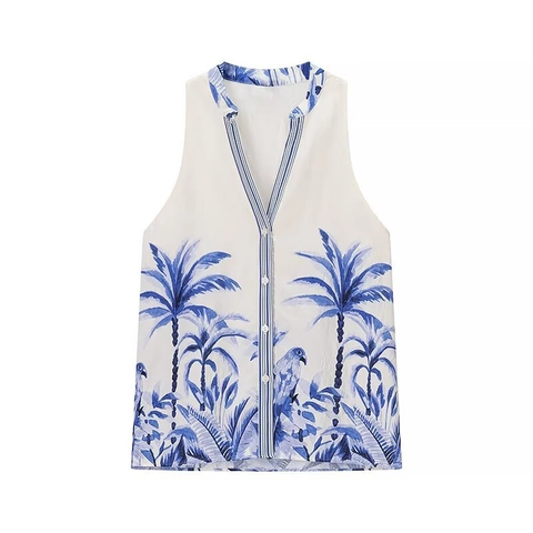 Damen Tropisch Palmbaum Papagei Druck Ärmellos V-Ausschnitt Top Und Hohe Taille Lange Rock Urlaub Bohemian Casual Outfit