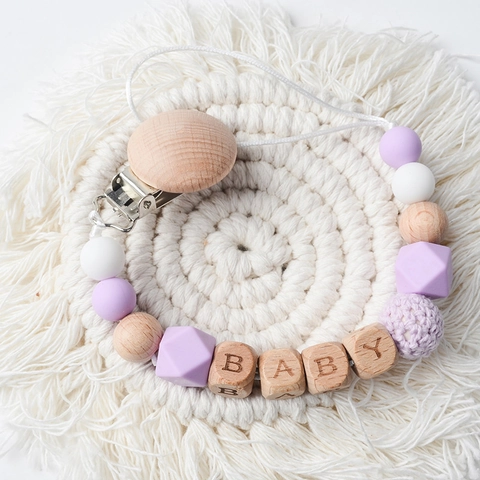 Baby Pacifier Clip Beech Wood Alphabet Beads Silicone Crochet Anti-Drop Chain Soother Holder For Newborn Teething