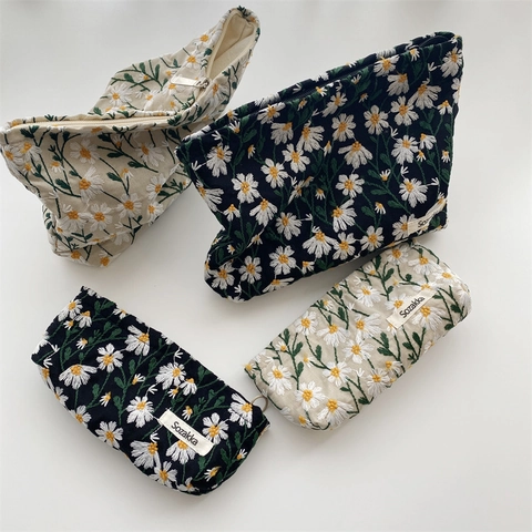 Daisy Embroidered Canvas Makeup Bag Zipper Cosmetic Storage Pouch Literary Floral Stationery Pencil Case For Women