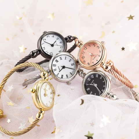 Women Quartz Bangle Watch Elegant Stainless Steel Wire Cuff Strap Minimalist Round Dial Fashion Wristwatch For Ladies