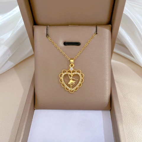 Collana Con Pendente Ballerina A Cuore Per Donna Catena Acciaio Inossidabile Rame Micro Pave Gioielli Eleganti