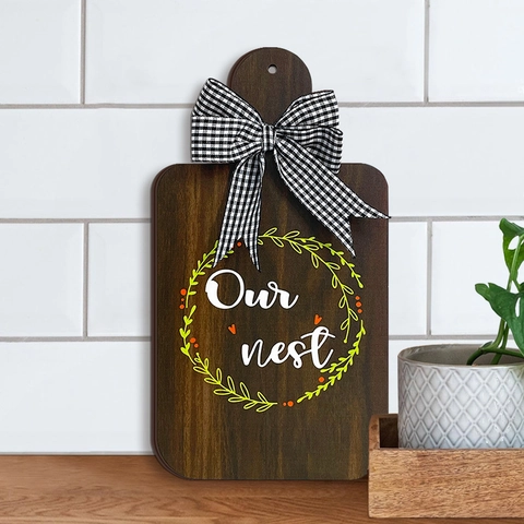 Wooden Wall Hanging Sign Decorative Cutting Board Shape With Gingham Bow Farmhouse Kitchen Decor Home Sweet Home