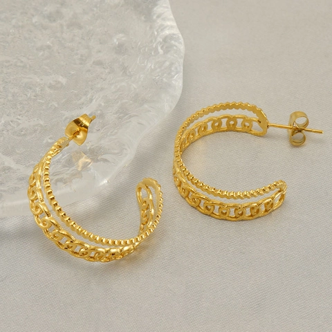 Stainless Steel C Shaped Hoop Earrings For Women Double Layer Hollow Chain Beaded Geometric Gold Plated Minimalist