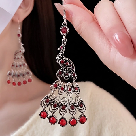 Orecchini Pendenti Pavone Vintage Lega Strass Colorati Stile Etnico Per Donna Con Perno In Argento Sterling 925