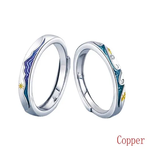Anillos Ajustables Abiertos De Esmalte De Montaña Mar Cobre Ola Sol Circón Joyería Para Enamorados Parejas Regalo San Valentín