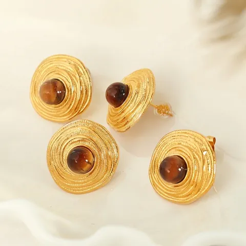 Orecchini a Bottone in Oro con Occhio di Tigre Vintage Francese per Donna Orecchini Geometrici in Acciaio al Titanio di Lusso