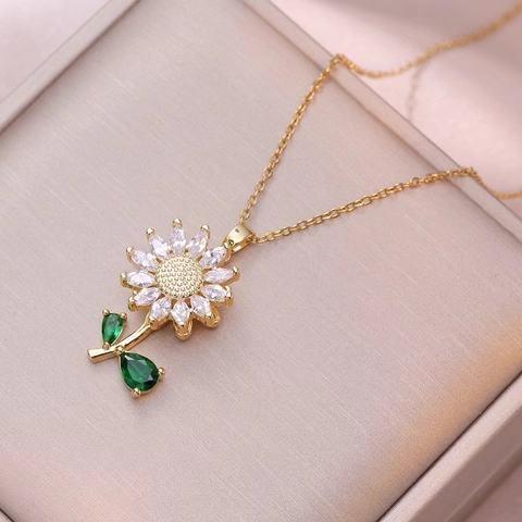 Rotating Sunflower Stainless Steel Zircon Necklace Ring Bracelet Gold Plated Floral Jewelry For Women Elegant Ins Style