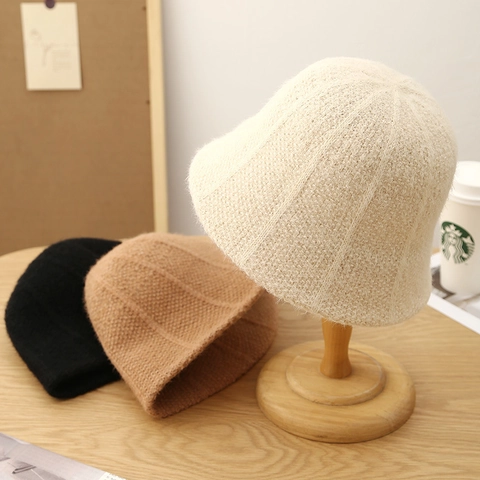 Women Knitted Bucket Hat Plush Warm Waffle Pattern Dome Solid Color Autumn Winter Soft Outdoor Cloche Cap