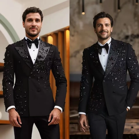 Men Suit Jacket And Pants Heavy Bead Embroidery Sequins Luxury Banquet Wedding Tuxedo Formal Peak Lapel Double Breasted