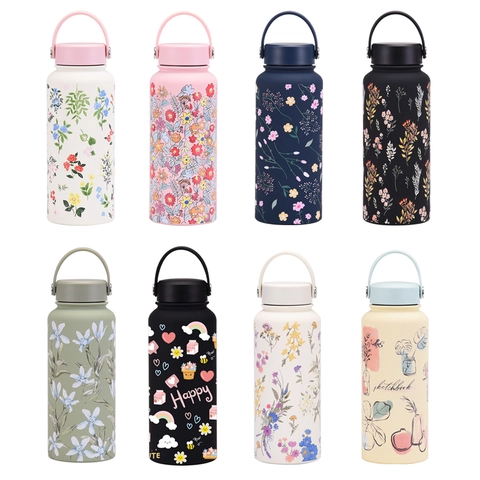 Large Capacity Vacuum Insulated Water Bottle With Ceramic Coated Liner 304 Stainless Steel Floral Print Portable Handle Sports