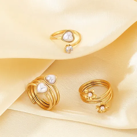 Französischer Stil Edelstahl Herz Künstliche Perlenring 18K Vergoldet Offen Verstellbar Mit Zirkonia Für Damen Elegant