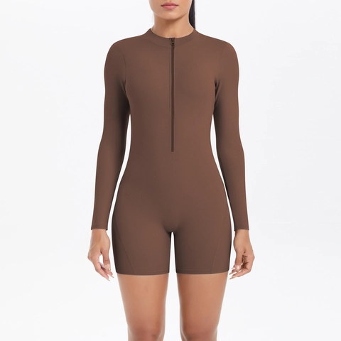 Dames Yoga Jumpsuit Lange Mouwen Open Rug Halve Rits Scrunch Butt Nylon Elastaan Sportkleding Fitness Romper