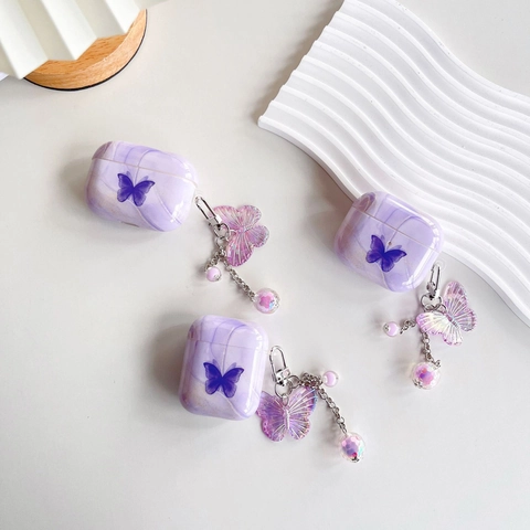 Custodia per Auricolari Wireless Viola con Motivo Marmoreo e Farfalla Per AirPods Pro 2 3 1 2 In Morbido TPU Con Ciondolo a Farfalla