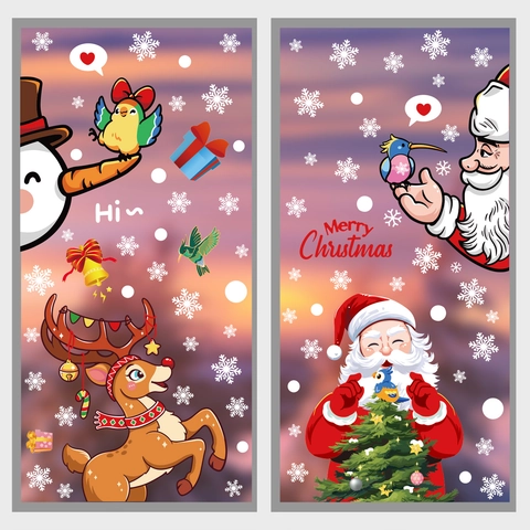 Christmas Window Static Cling Stickers PVC Removable Santa Snowman Reindeer Snowflake Decals For Holiday Glass Home Decor