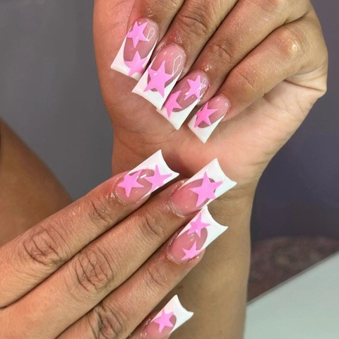 French Tip Press On Nails Lange Entenform Rosa Sternmuster Abnehmbare Künstliche Nägel Süßer Y2K Stil Für Frauen